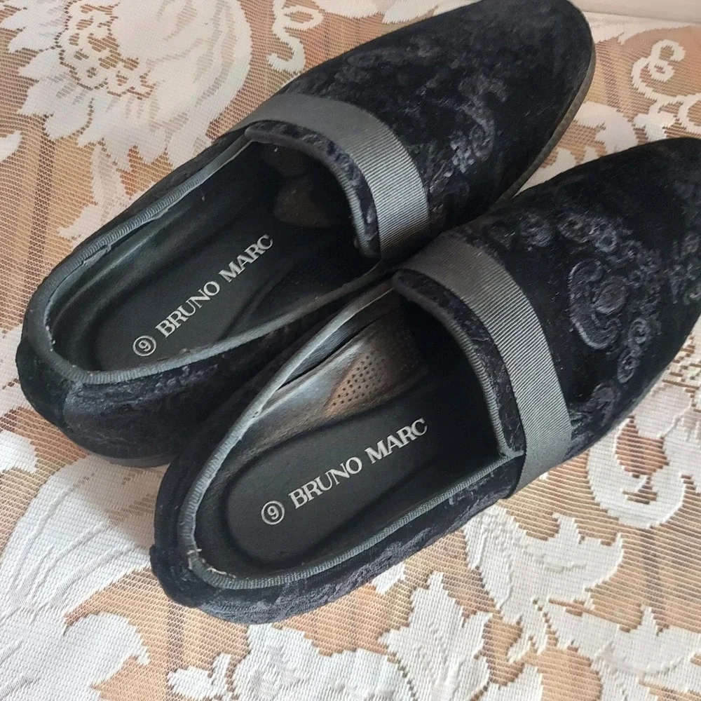 Bruno Marc Mens Black Velvet Paisley Embossed Loafers Slip On Dress Shoes 9